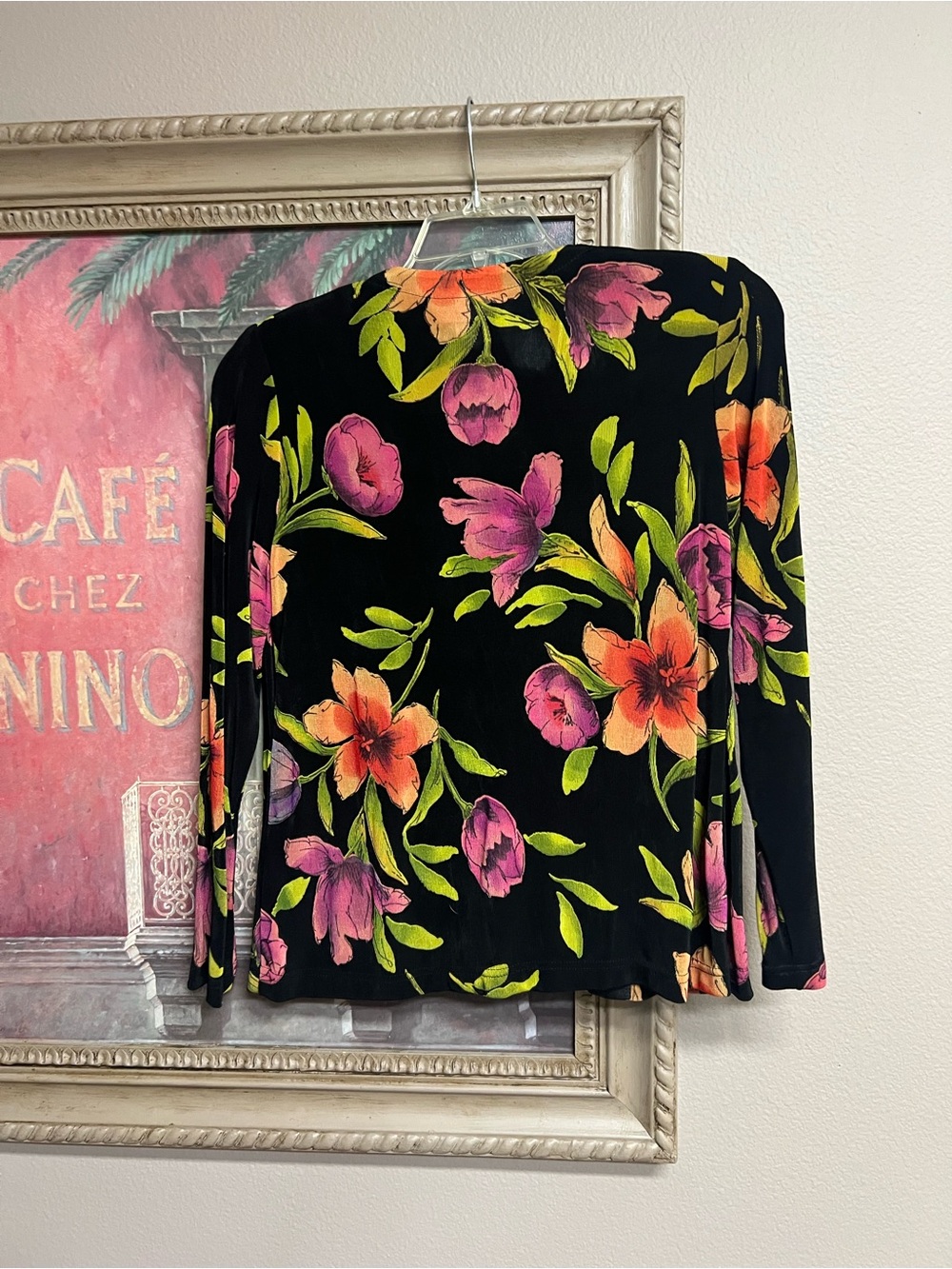 Ronni Nicole Black Floral Open Cardigan with Pink and Orange Blooms - Picture 6 of 10